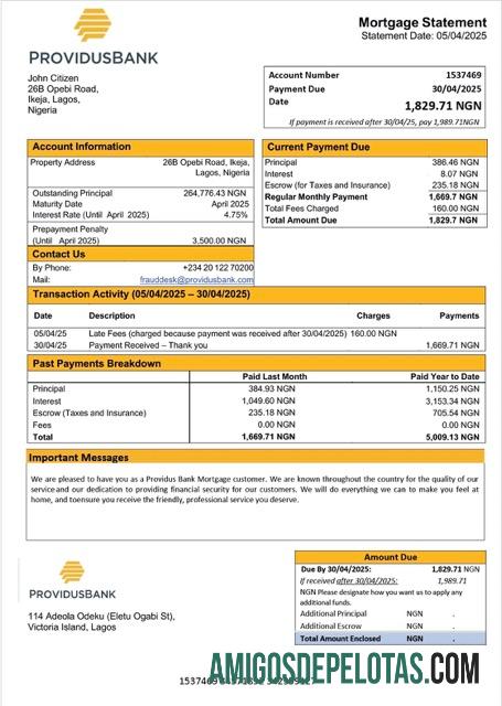 realista Modelo Word e PDF de extrato de hipoteca do Banco Providus da Nigéria